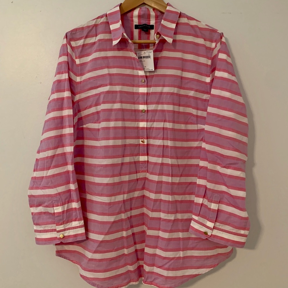 Lands End Pink Purple 3/4 Sleeve Striped Blouse